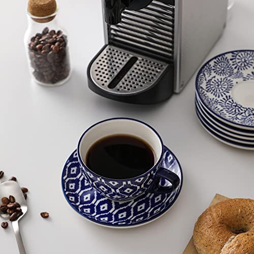 Vintage Blue 8oz Ceramic Cappuccino Cup Set with Saucers - Pack of 6