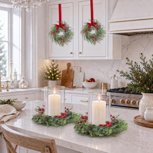 4Pcs 12" Mini Christmas Wreath Cabinet Wreaths for Kitchen Red Bow