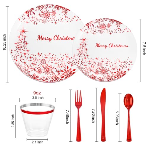 LIYH Red and White Christmas Dinnerware Set 150 Pcs Disposable Plates Cutlery Cups