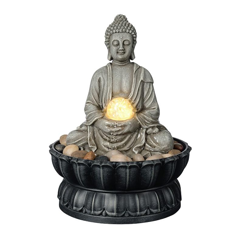 Meditating Buddha Tabletop Water Fountain with LED Glass Orb - 9.6 Inch