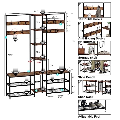 Corner Hall Tree with Shoe Bench, 10-Hook Industrial Coat Rack & Storage