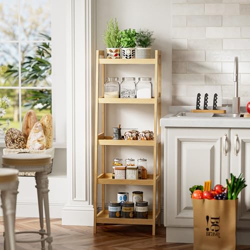 5-Tier Bamboo Ladder Bookcase, Freestanding Storage Shelf & Plant Stand