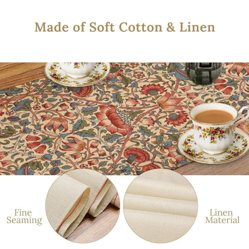 William Morris Floral Table Runner, Retro Abstract Flowers Botanical