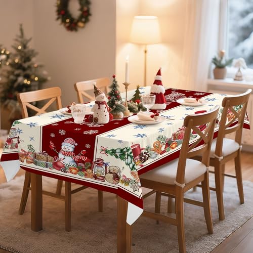 Hexagram Red 60x120 Inch Christmas Tablecloth - Snowman & Santa Rectangle