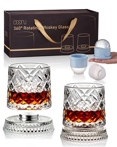 360° Rotating Whiskey Glass Set with Gift Box & Ice Ball Molds - 2 Pack