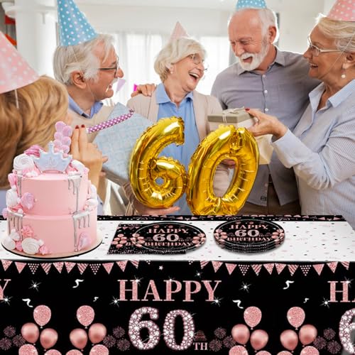 Black Gold 60th Birthday Party Plates and Napkins Set for Women - Vintage Rose Gold Celebration Tableware, 41 Pieces for 20 Guests