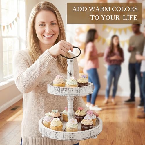 Horse Rustic 2-Tier Wooden Serving Tray, 18.5x12.5 White Farmhouse Cupcake Stand