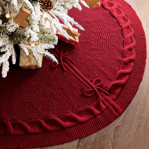 48-Inch Cable Knit Christmas Tree Skirt - Wine Red Rustic Farmhouse Decor