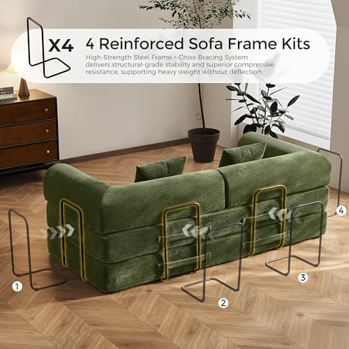 SAVENICA 79-Inch Olive Green Convertible Futon Sofa Bed - 5-in-1 Modular Couch for Living Room