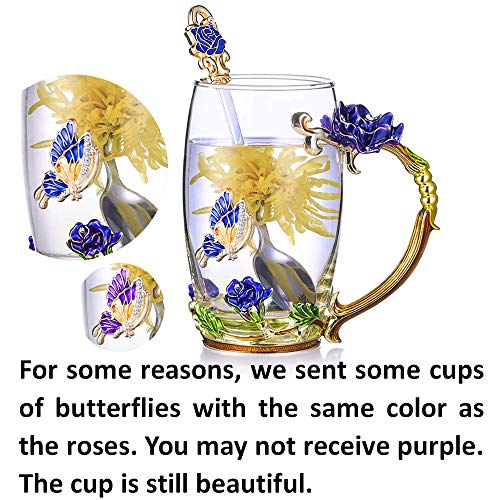 Kaiyuan Dynasty Blue Tall Enamel Glass Coffee Mug with Rose & Butterfly Design Set with Spoon
