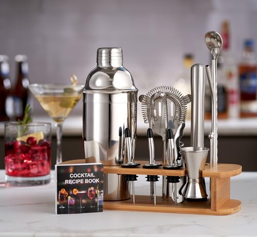 FineDine Stainless Steel Cocktail Shaker Set with Bartender Tools & Stand