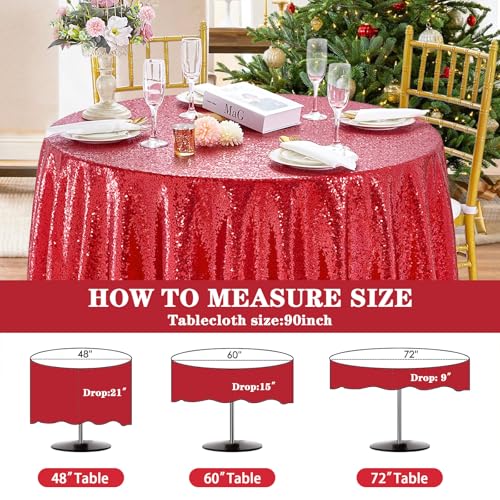 QueenDream Red 90 Inch Round Sequin Tablecloth for Party & Wedding