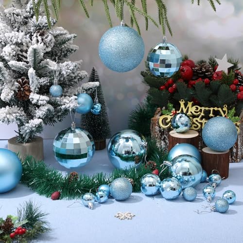 Wettarn Ice Blue 50 Pcs Shatterproof Christmas Ball Ornaments - 4/3.2/2/1.2'' with Matte, Shiny, Disco Mirror & Glitter Finishes