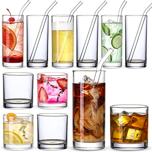 12-Piece Glassware Set: Highball and Rock Drinking Glasses with Straws