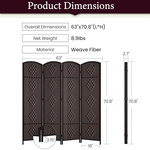 4-Panel Folding Room Divider, 6ft Tall Portable Privacy Screen, Dark Mocha