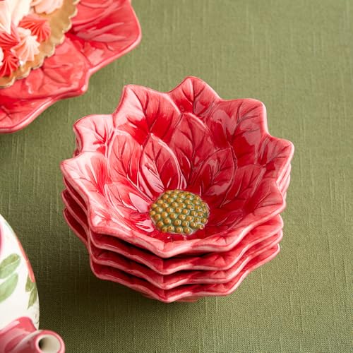 Set of 4 Christmas Poinsettia Ice Cream Bowls - Festive Holiday Ceramic Tableware
