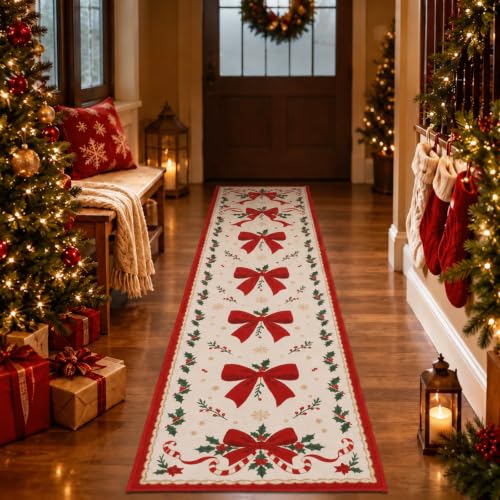 Christmas Runner Rug 2x6 Red Bow Vintage Runners for Hallways