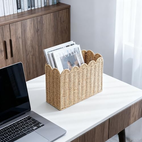 Tall Narrow Magazine Holder, Handwoven Scalloped Paper Rope Basket