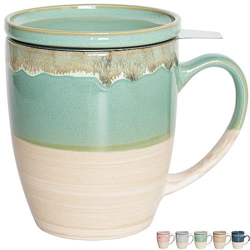 Bosmarlin Green Ceramic Tea Mug with Infuser & Lid, 16 Oz, Reactive Glaze