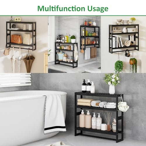 3-Tier Bamboo Bathroom Storage Shelf with Towel Bar and Hooks