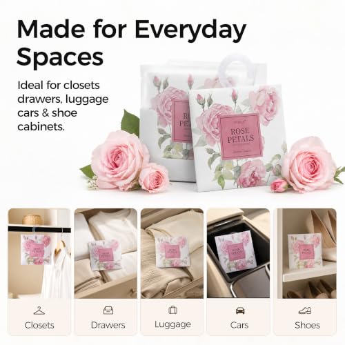 12-Pack Rose Scented Sachets with Retractable Hook - Closet Deodorizer