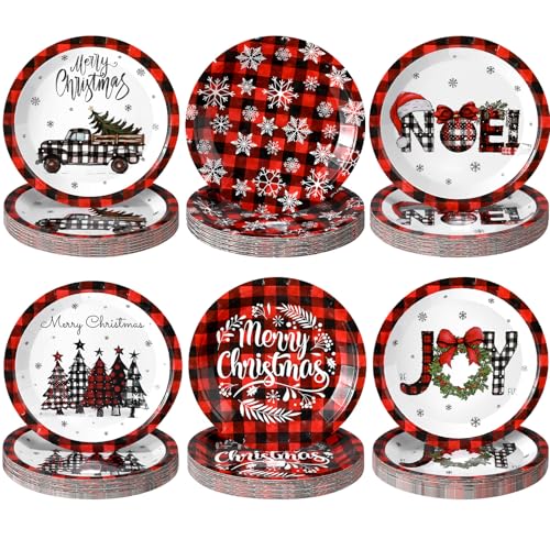 96 Pcs Christmas Paper Plates Disposable 7 Inch Buffalo Plaid Xmas Plates - Christmas Elements