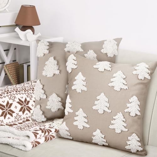 Mixweer Beige Christmas Pillow Covers 18x18 Inches Tree Embroidery Holiday Decor - Tree / Beige