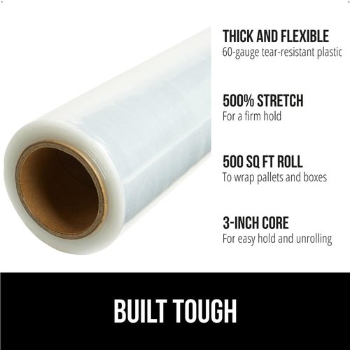 GORILLA GRIP Heavy Duty Stretch Film - 500ft Puncture Resistant Plastic Wrap for Shipping & Moving | Clear