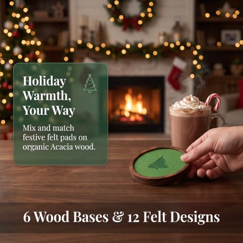 RIIOSUUON Christmas Atmosphere Coasters Set of 6 with Holder – Absorbent Felt, Replaceable Pads