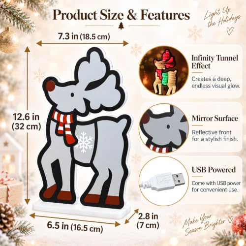 MEETYAMOR Reindeer Christmas Infinity Mirror Light - 3D LED Night Lamp, USB Powered Indoor Decor
