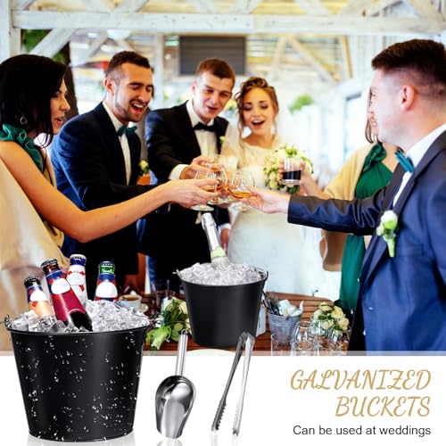 Matte Black Galvanized Beer Buckets Set with Ice Scoops & Tongs - 24 pcs