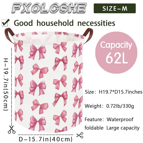 Pink Bow Laundry Basket - Collapsible Waterproof Canvas Nursery Hamper