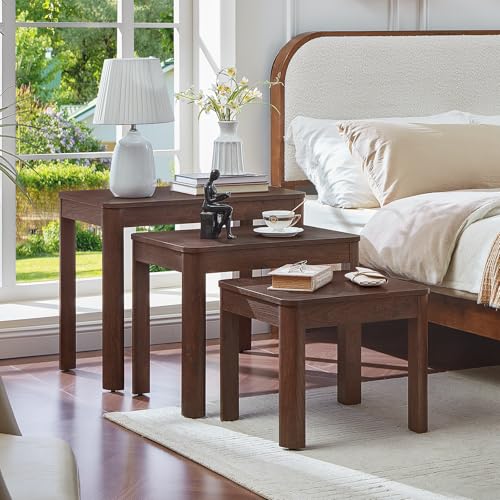 3-Piece Walnut Nesting Table Set, Rustic Farmhouse Side Tables