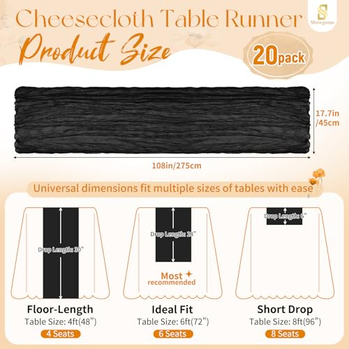 Showgeous 20 Pack Black Cheesecloth Table Runner 17 x 108 Inches (1.7 ft x 9 ft)