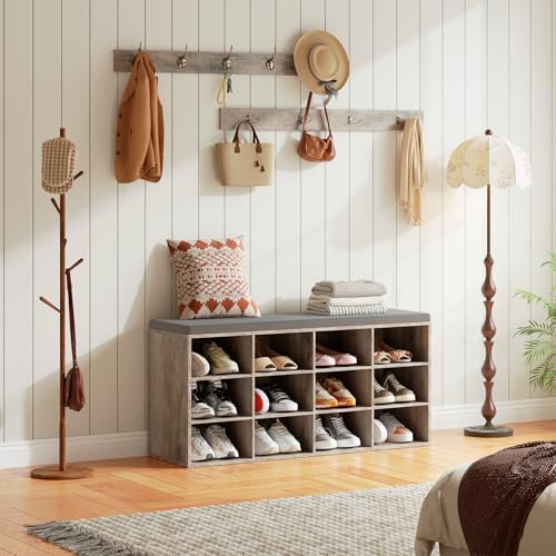 Entryway Shoe Storage Bench with 12 Cubbies and Padded Seat - 39.4 Inch Gray