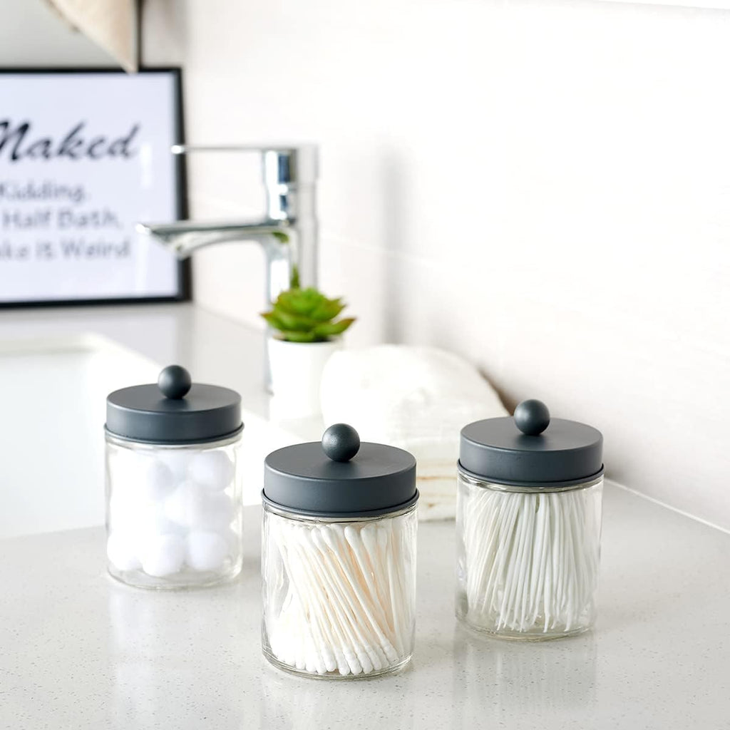 Amolliar Apothecary Jars - Stylish Bathroom Storage Organizer | Glass Canister Set with Lid for Q-Tips, Cotton Swabs & Makeup Accessories - Grey (2 Pack)