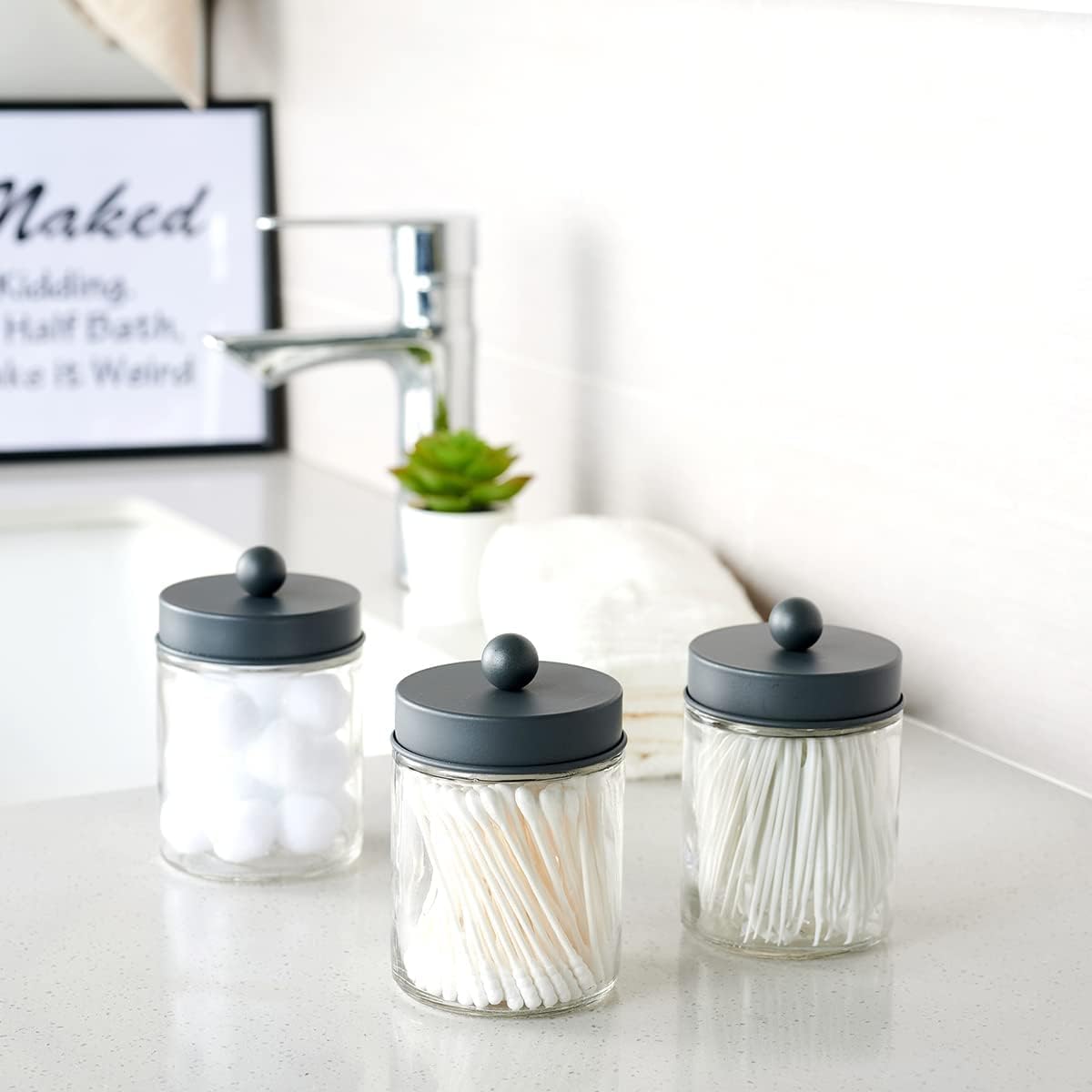 Amolliar Apothecary Jars - Stylish Bathroom Storage Organizer | Glass Canister Set with Lid for Q-Tips, Cotton Swabs & Makeup Accessories - Grey (2 Pack)