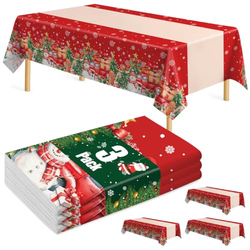 Christmas Snowman Red Disposable Plastic Tablecloths 54 x 108 Inch, Pack of 3 — Winter Holiday Party Supplies