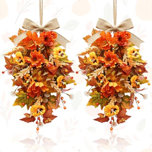 24-Inch Fall Teardrop Swags Set - Autumn Floral Wreath for Front Door