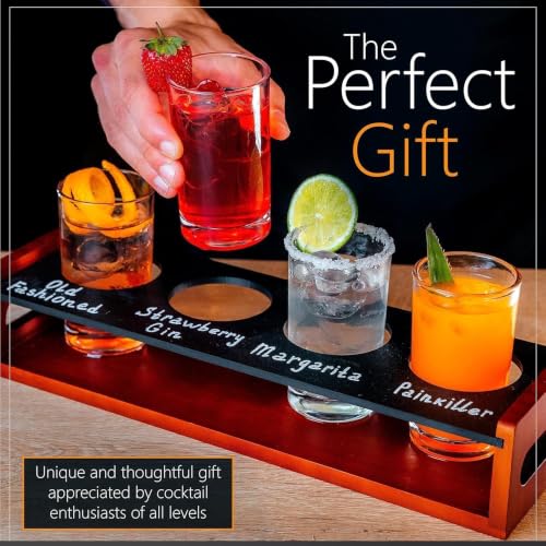 Wooden Flight Tasting Board with 4 Glasses and Chalkboard Labeling