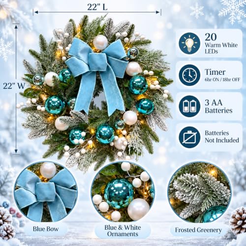 22-Inch Lighted Christmas Wreath with Timer, Blue Bow & Ornaments