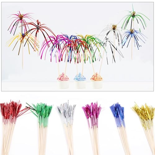 200 PCS Firework Cupcake Toppers Foil Frill Toothpicks - 9 Inch Cake Decoration