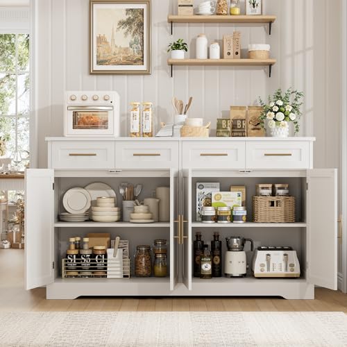 60" Modern Sideboard Buffet Cabinet with 4 Drawers & Storage, White