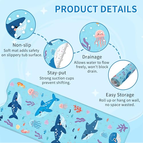 Shark Bath Mat for Tub, Extra Long Non-Slip Shower Mat with Suction Cups
