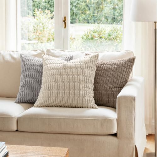 MIULEE Corduroy Throw Pillow Covers 18x18 Cream White Boho Striped 2 Pack