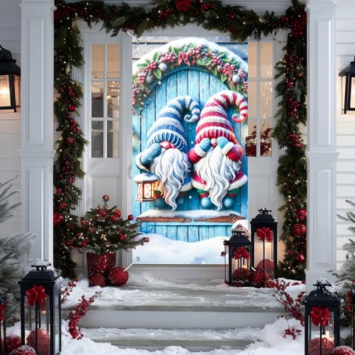 IVN Gnome Lantern Christmas Door Cover 35x71 Inch Winter Holiday Decor