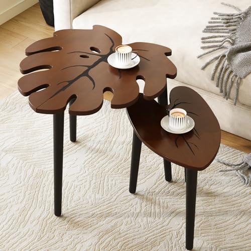 Monstera Leaf Nesting Tables Set of 2, Wooden Side Table Set for Living Room