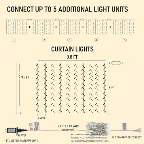 Dazzle Bright 300 LED Warm White Curtain String Lights for Bedroom and Patio Decor