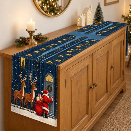 Bigwish Christmas Night Santa Reindeer Table Runner 13 x 90 Inch Holiday Decor
