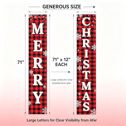 ChunRun Red Buffalo Plaid Christmas Porch Banner Set (2) 71" x 12" - Merry Christmas Outdoor Decor, Front Door & Yard